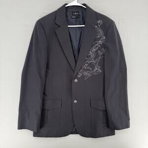 Marc Ecko Cut & Sew Mens Medium Y2K Blazer Gray Pinstripe Lined Embroidered